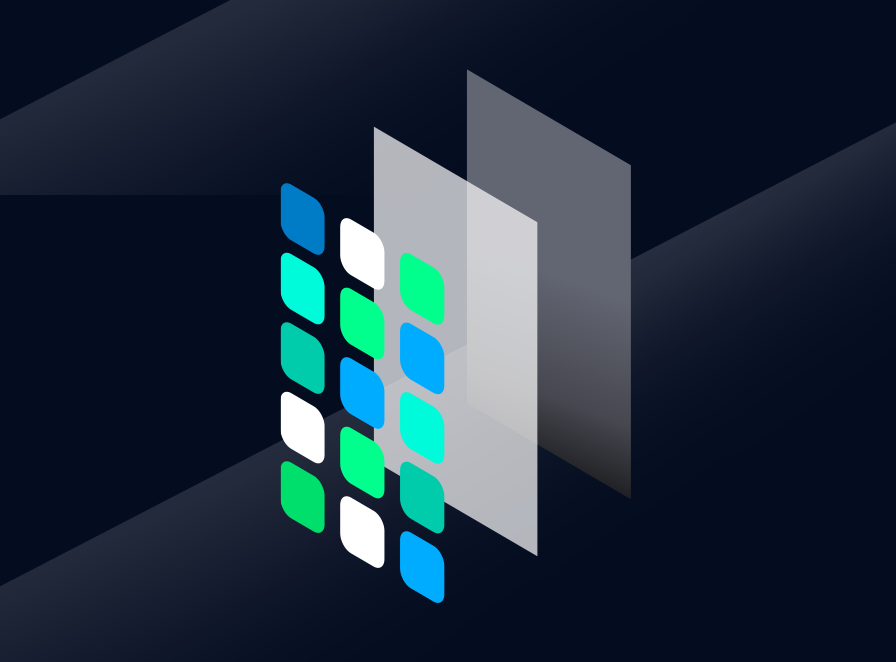 Abstract design with blue, green, and white squares forming a grid overlaid on transparent dark panels, set against a dark background.