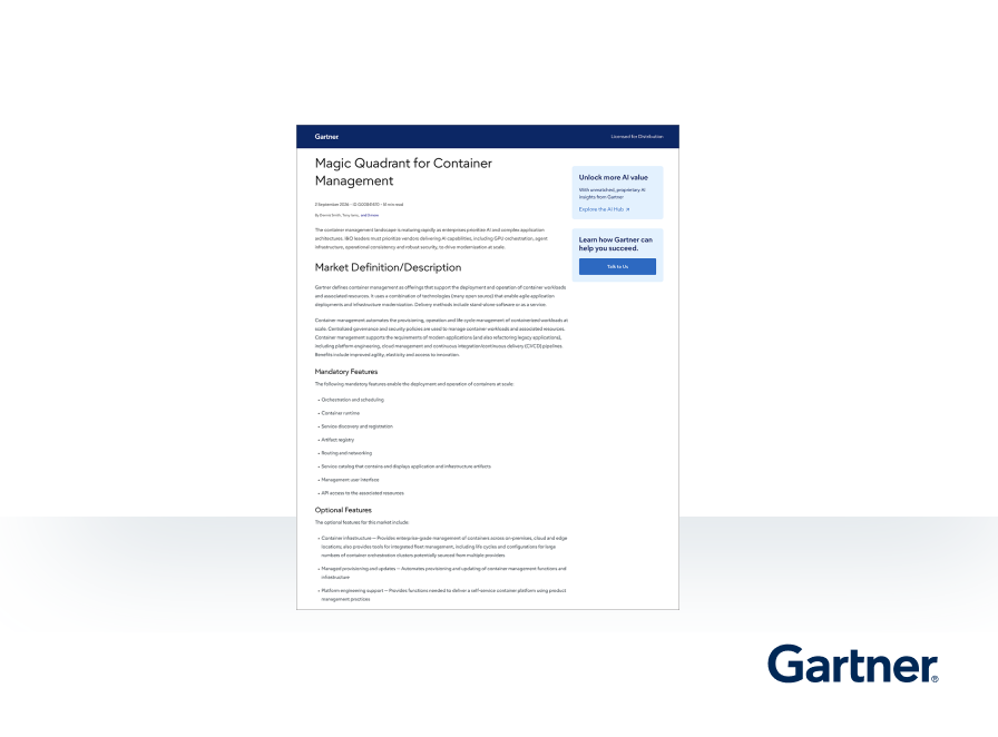 Webpage displaying a report titled "Magic Quadrant for Container Management" by Gartner, featuring market definitions, features, and company logo.