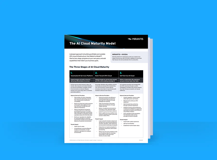 Document titled "The AI Cloud Maturity Model" on a blue background, with sections detailing stages and strategies for AI cloud development.