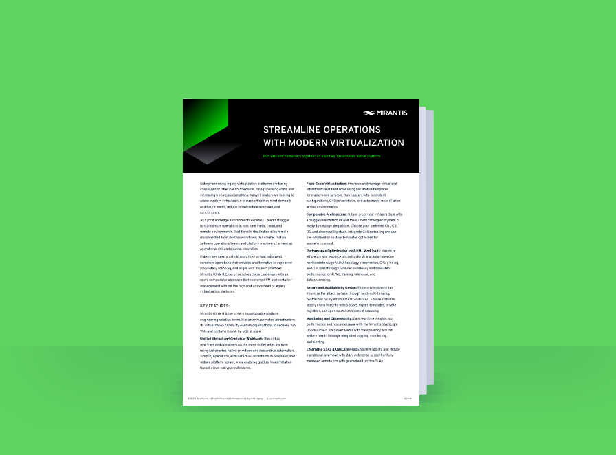 Brochure titled Streamline Operations with Modern Virtualization on a green background, featuring text and key features of virtualization.