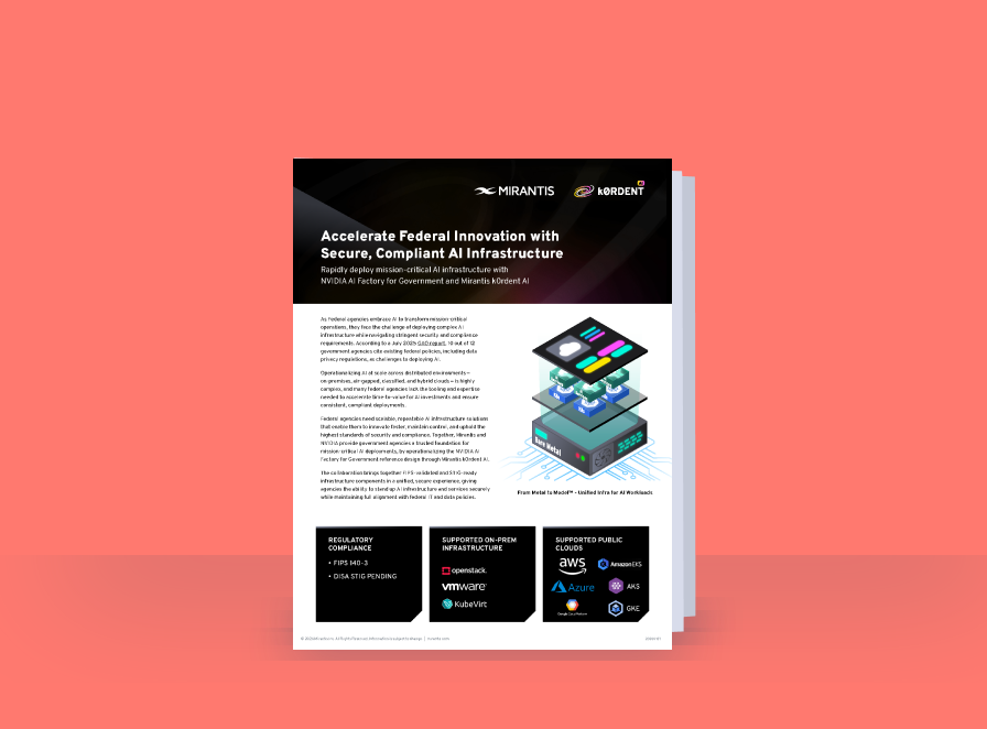 A flyer titled "Accelerate Federal Innovation with Secure, Compliant AI Infrastructure" featuring text and a digital infrastructure graphic.