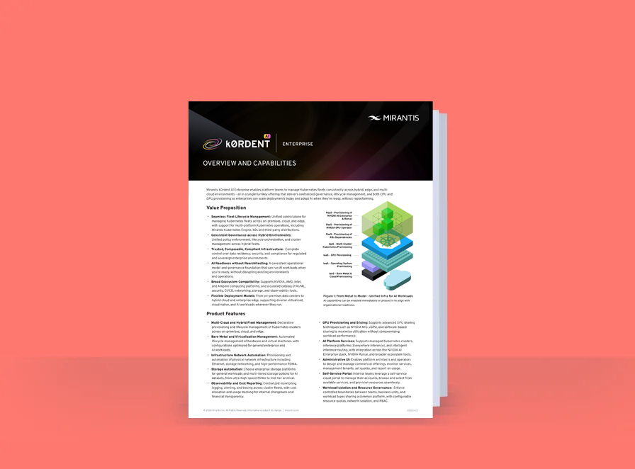 Brochure titled "Kordent Enterprise Overview and Capabilities" detailing value propositions and product features, set against a coral background.