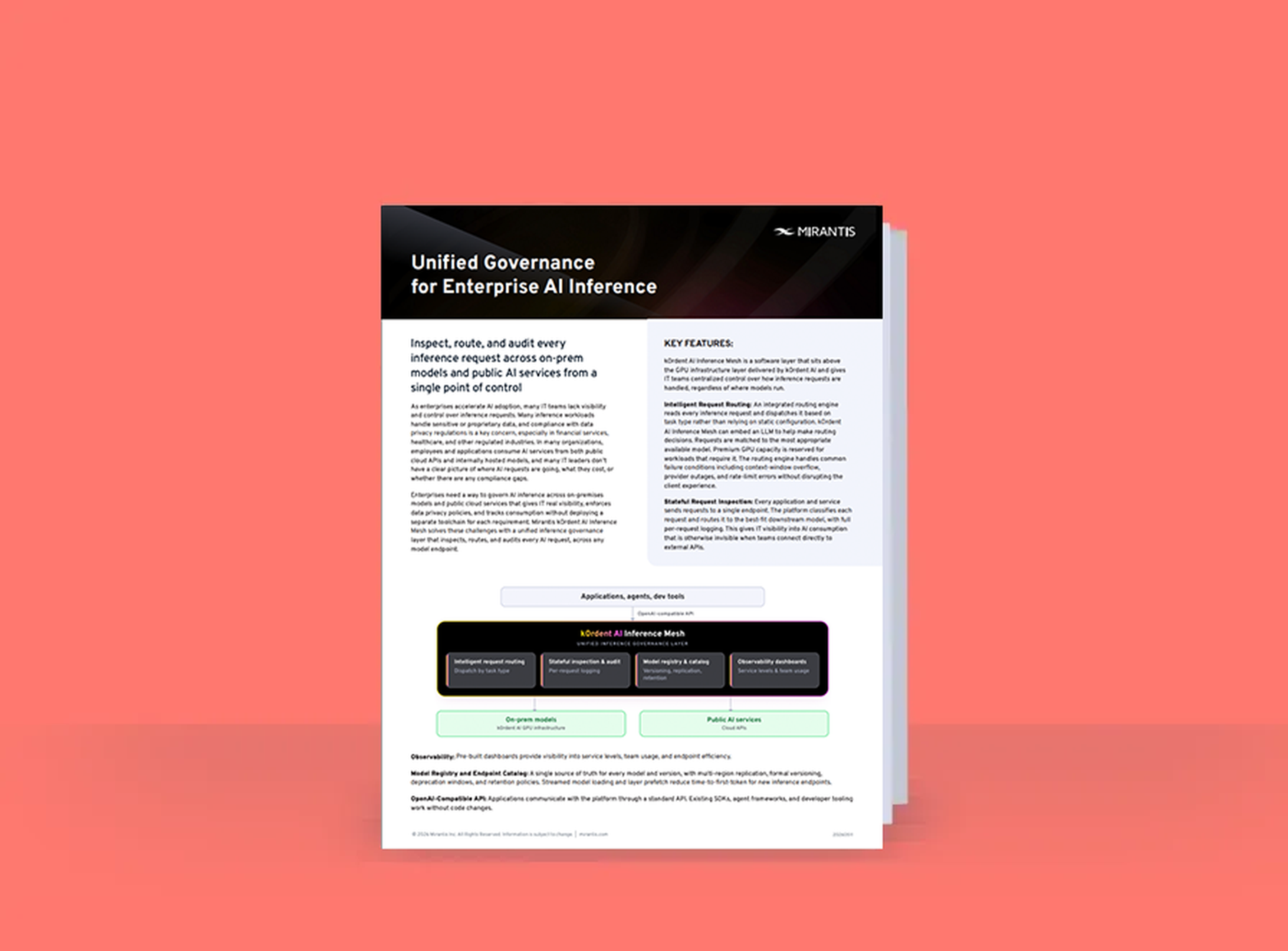 Flyer titled "Unified Governance for Enterprise AI Inference" by Mirantis, detailing features and benefits of AI inference mesh on a coral background.