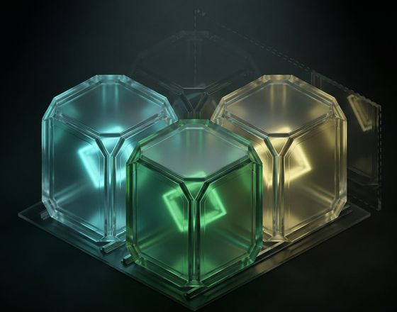 Three translucent cubes in blue, green, and yellow with a geometric design, set against a dark background.