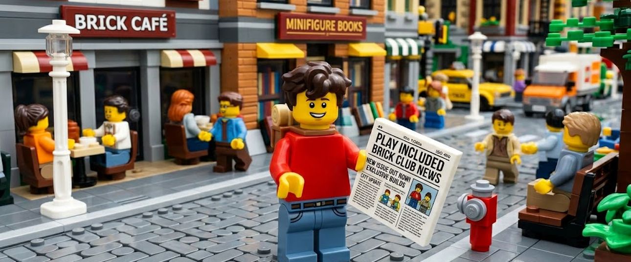 LEGO Brick highstreet scene With LEGO Brick man holding a newspaper