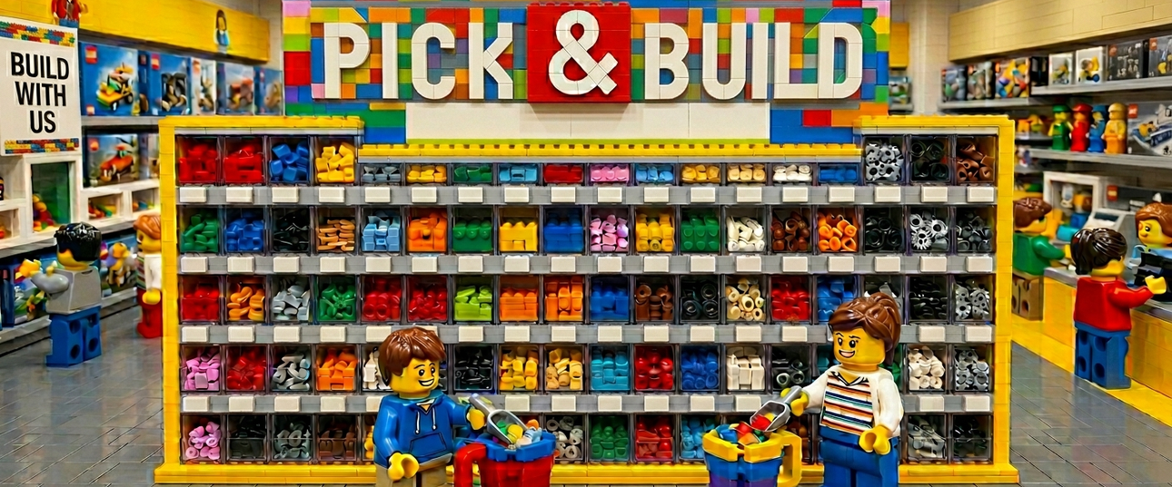 Lego Scene with a Pick & Build wall and characters picking LEGO