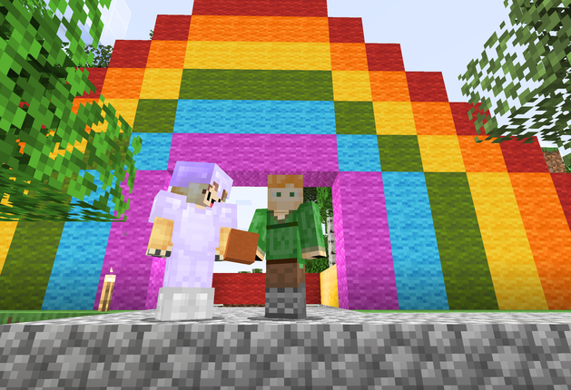 Mine craft figures in front of a rainbow