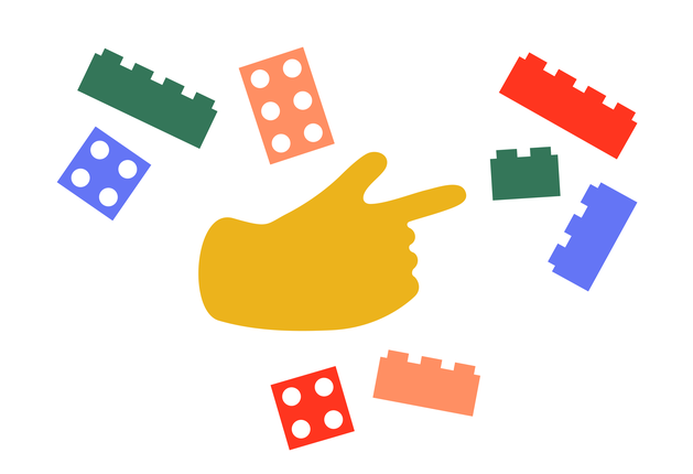 Illustrated hand pointing at Lego Bricks