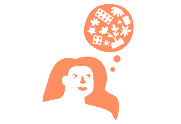 Lady thinking with Lego Bricks in speech bubble illusatration