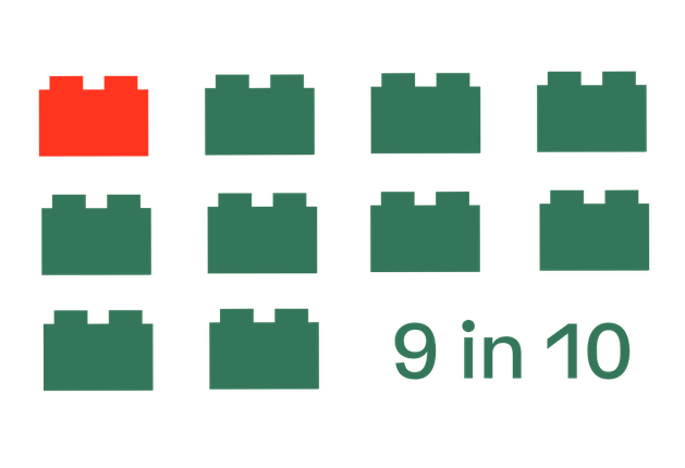 10 Lego bricks one red and nine green