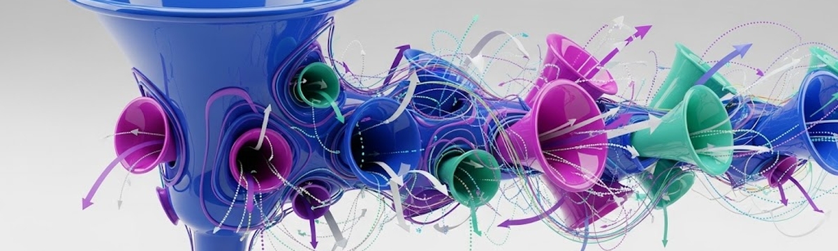 Abstract 3D artwork featuring interconnected blue, pink, and teal horn-like shapes with swirling arrows and lines on a gray background.