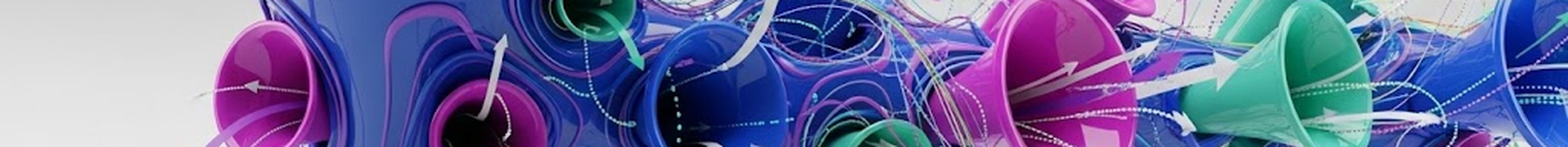 Abstract 3D artwork featuring interconnected blue, pink, and teal horn-like shapes with swirling arrows and lines on a gray background.