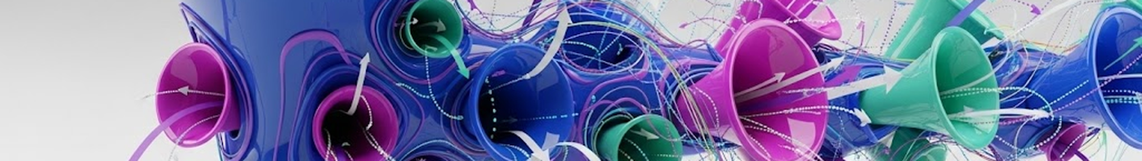 Abstract 3D artwork featuring interconnected blue, pink, and teal horn-like shapes with swirling arrows and lines on a gray background.