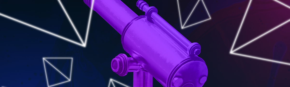 Telescope with wireframe pyramids on neon background.