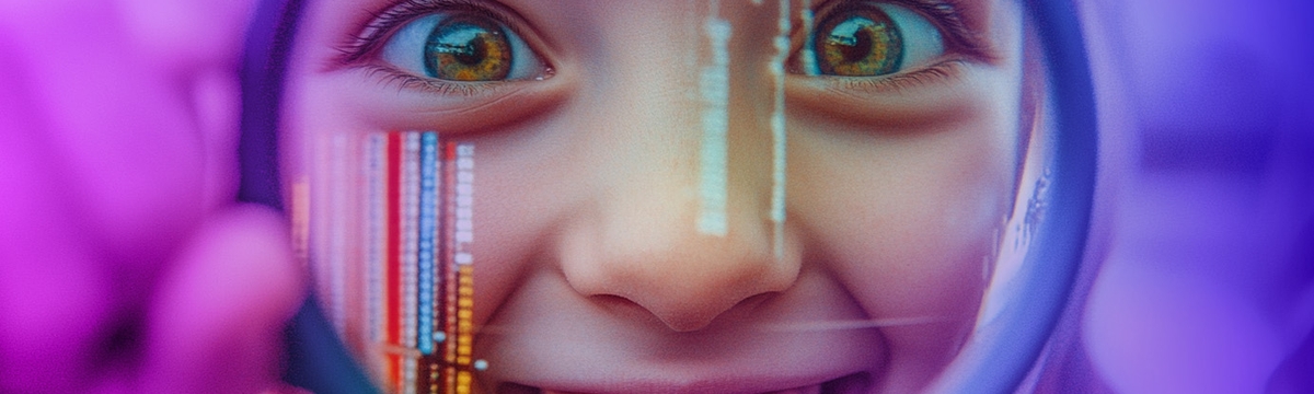 a young girl peering through a magnifying glass with a gleeful expression on her face