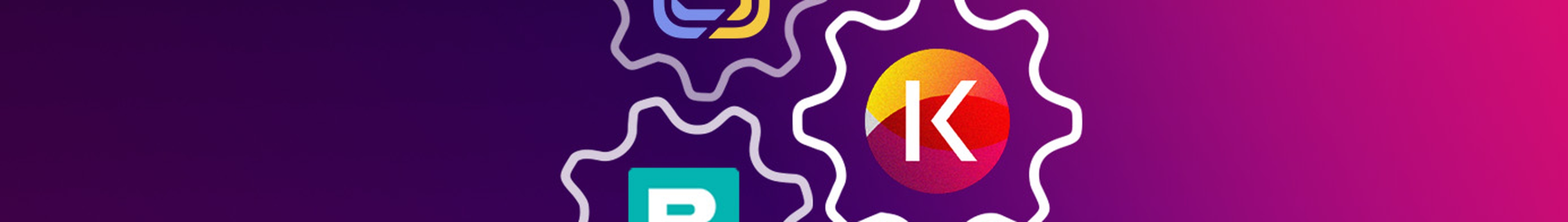 Storyblok Prismic and Kontent logos inside cogs icons on a purple and pink background
