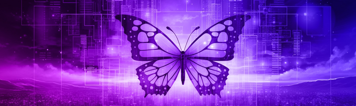 A butterfly layered with data over a cityscape, illustrating, embracing change in digital ecosystems