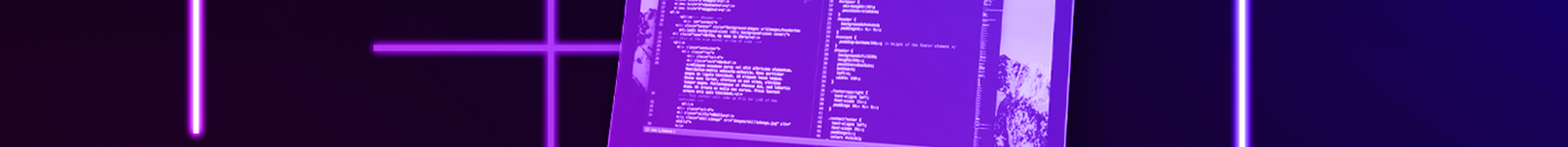 Laptop with code on screen on neon background.