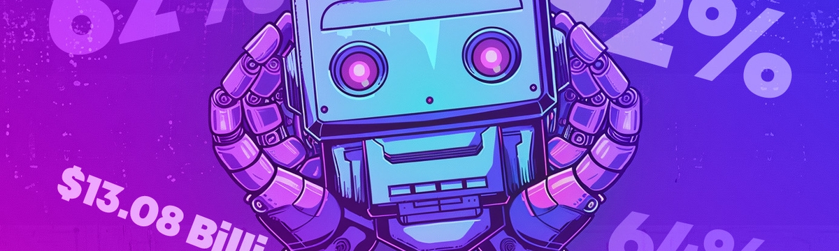 Retro robot head removed from body and being held by robotic hands, illustrative style with statistics numbers in the background