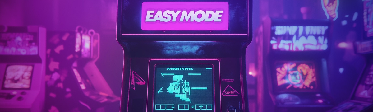 Poorly lit arcade with an arcade machine with a pixelated game on screen and the name of the machine is EASY MODE