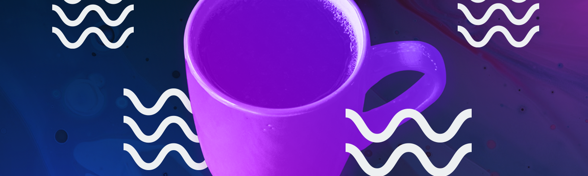 Hot drink in mug with wave icons surrounding it.