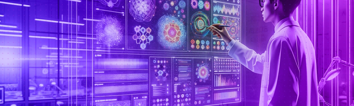 A scientist of indeterminate gender and East Asian descent in a vibrant high-tech digital lab, conducting a creative experiment. The lab coat is stylish with colorful accents that break away from the traditional white, symbolizing innovation and creativity. The interactive digital display features an array of colorful data visualizations and web design prototypes. The lab itself has splashes of color, with LED lights in various hues highlighting the sleek, modern equipment and furniture. The atmosphere is professional yet dynamic, reflecting a blend of rigorous science and the vibrancy of the digital realm.