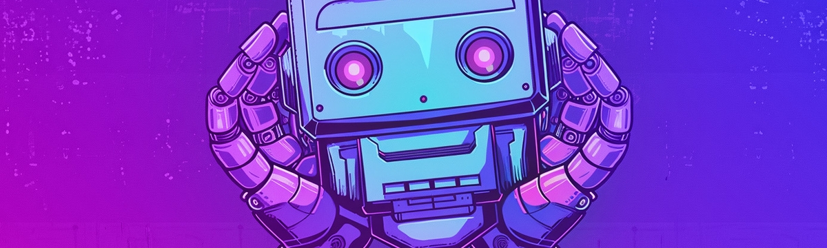 A retro style robot head being held in robotic hands