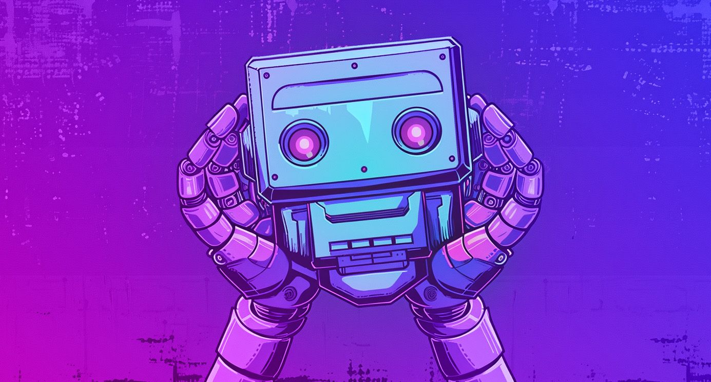 A retro style robot head being held in robotic hands