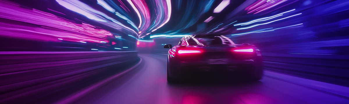 High-performance sports car zooming round a corner in a tunnel of motion blurred neon lights