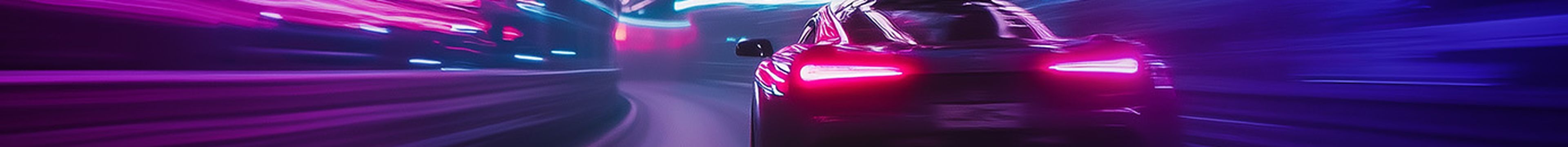 High-performance sports car zooming round a corner in a tunnel of motion blurred neon lights