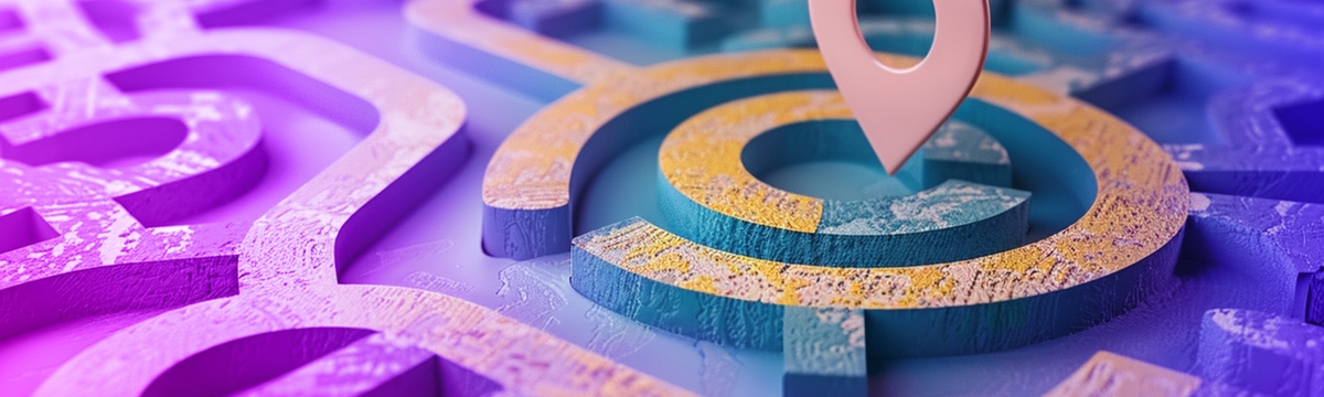 A stylised 3D render of a maze with a giant location marker floating above the centre location