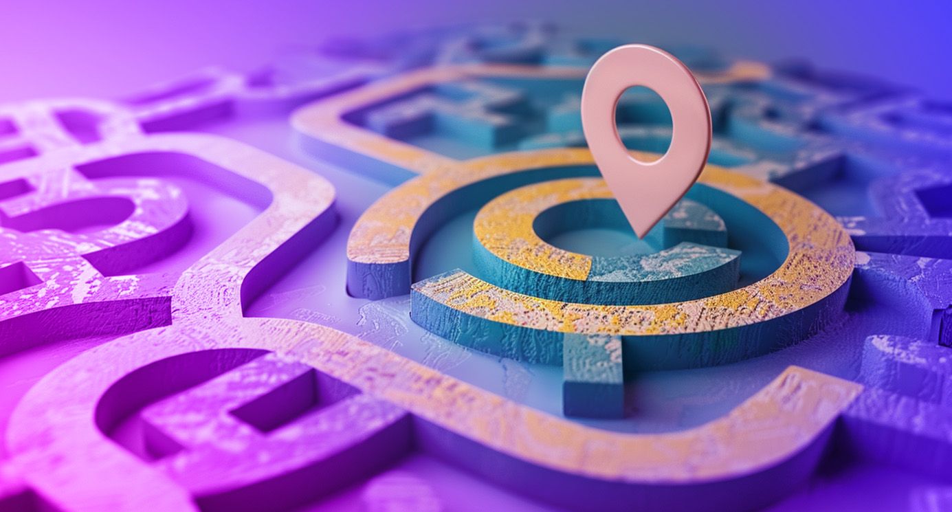 A stylised 3D render of a maze with a giant location marker floating above the centre location