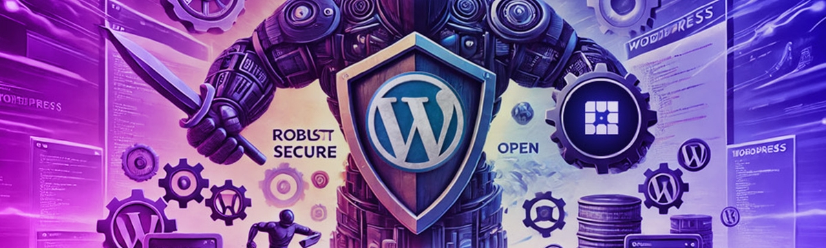 a knight in armoud golding a shield with wordpress logo in one hand and a hammer with wpengine logo in the other