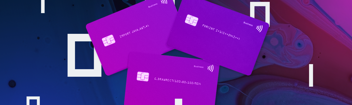 Credit cards with binary icons on neon background.
