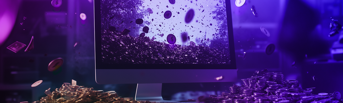 computer monitor in a dimly lit room with gold coins piled up all around it