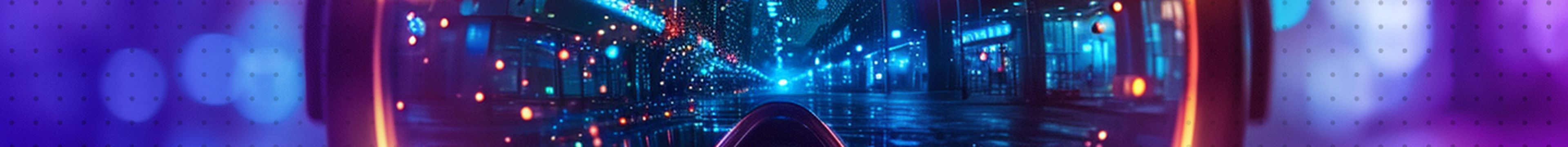 VR goggles with a digital landscape visible in the lens