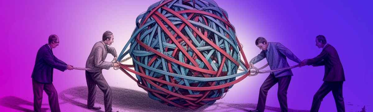 4 men untangling a giant rubber band ball