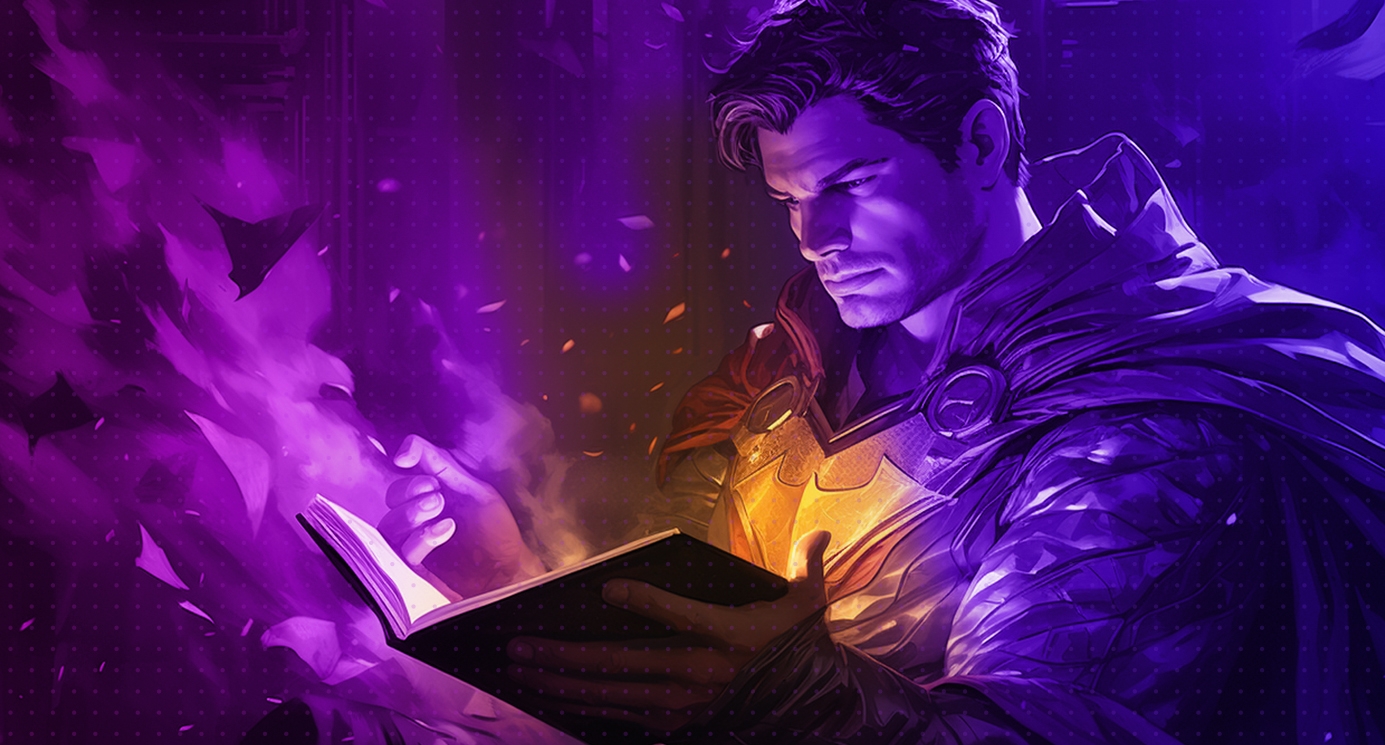 A generic superhero reading a story with a yellow glow coming from the book he is holding