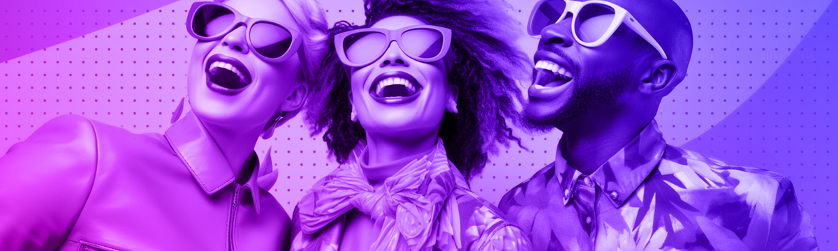 3 very happy customers, looking upwards, wearing very funky clothes and sunglasses