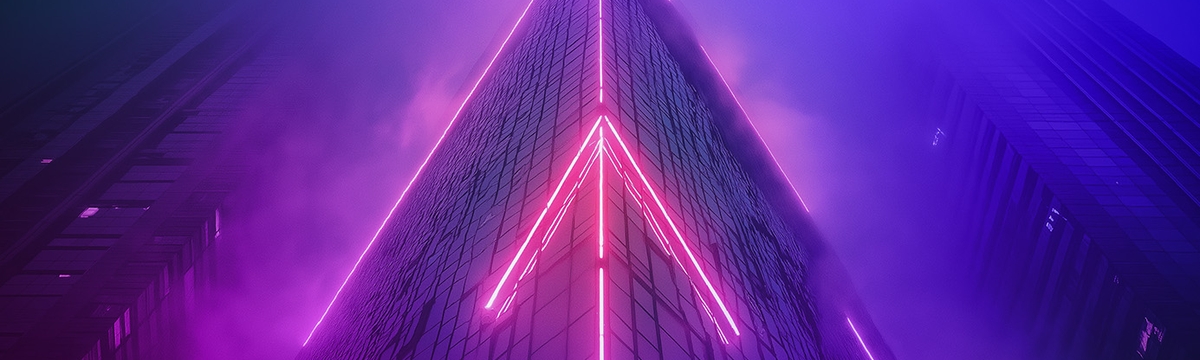 A skyscraper with neon arrows pointing up through the clouds