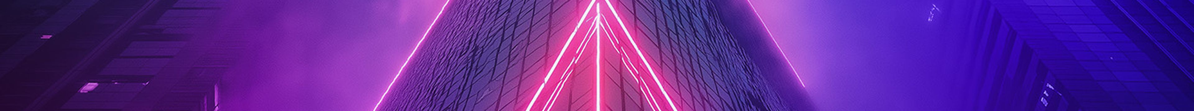 A skyscraper with neon arrows pointing up through the clouds