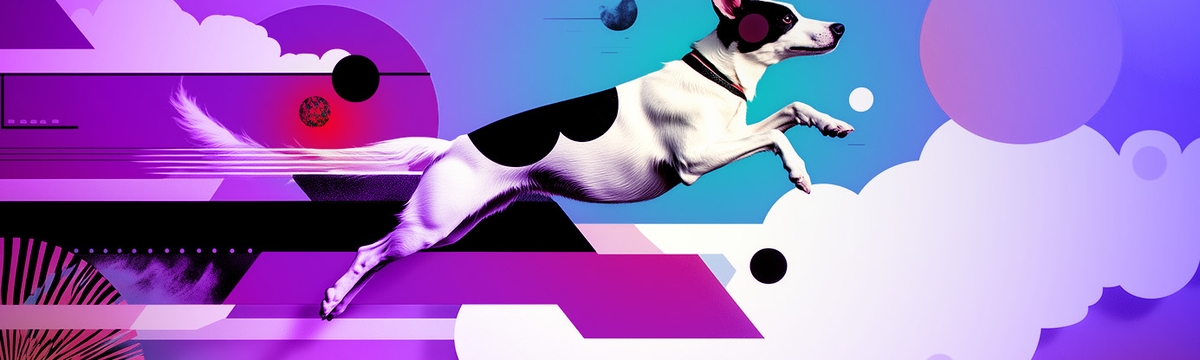 A black and white dog jumping through an illustrative environment of geometric shapes