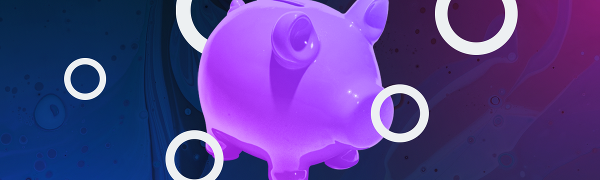 Piggy bank with icon circles to represent coins.