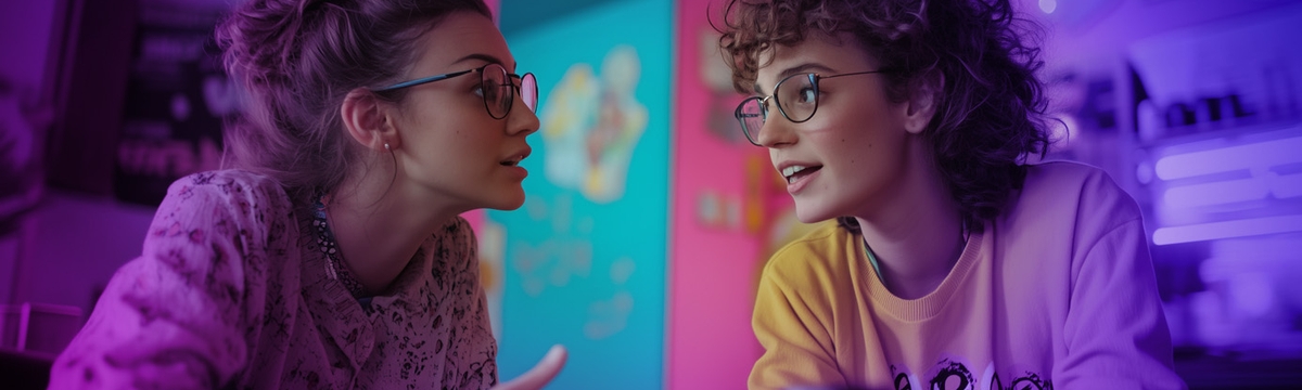 two young trendy ladies chatting over coffee in a vibrant pink coffee shop