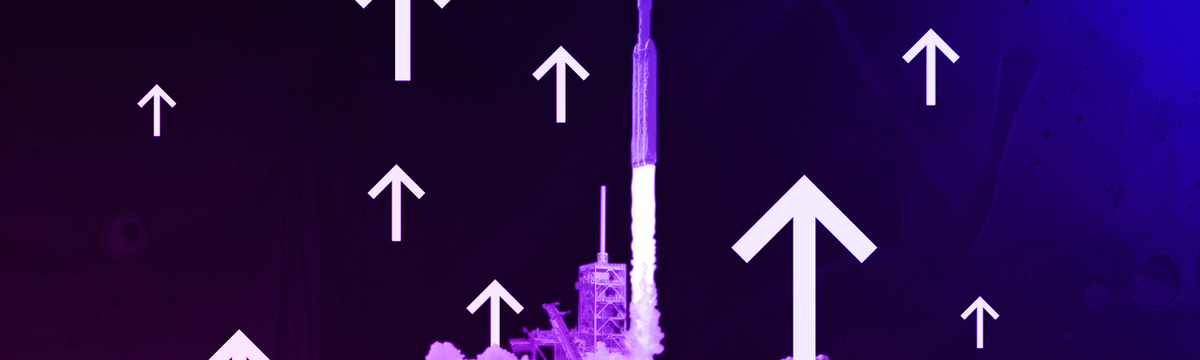 Rocket launching with arrow icons on neon background.