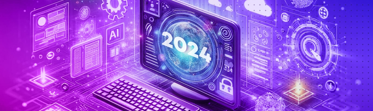 A computer with miscellaneous futuristic elements around in and 2024 on screen.