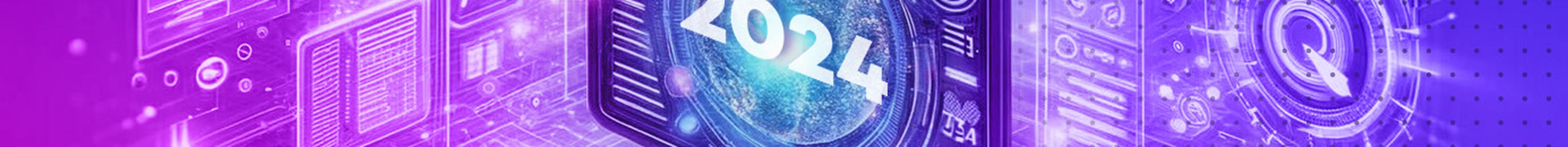 A computer with miscellaneous futuristic elements around in and 2024 on screen.
