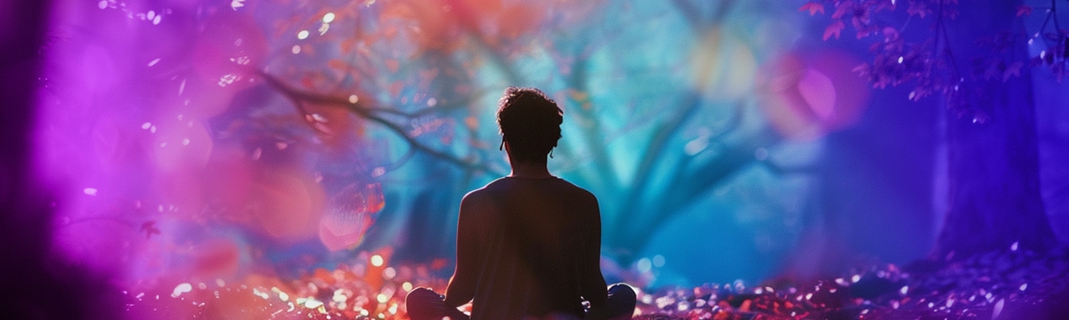 A creative man sitting calmly in a serene forest setting surrounded by a colourful ambience thanks to AI giving him time to think