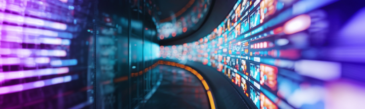 a futuristic looking tunnel lit by neon lights with screens adorning the walls