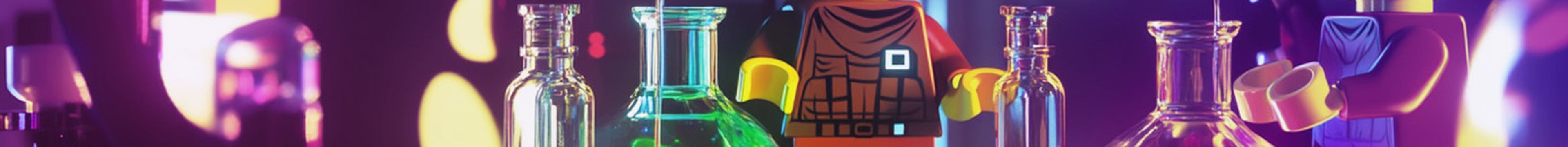 A digital artwork of Lego figures conducting a chemistry experiment with colorful chemical reactions in test tubes, vivid gases and liquids swirling around them in a futuristic lab